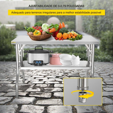 Mesa de Trabalho em Aço Inoxidável - 122x61cm Dobrável e Ajustável em Altura