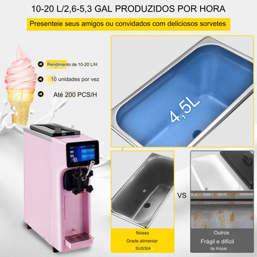 Máquina de Gelado Comercial Rosa - 10-20L/h