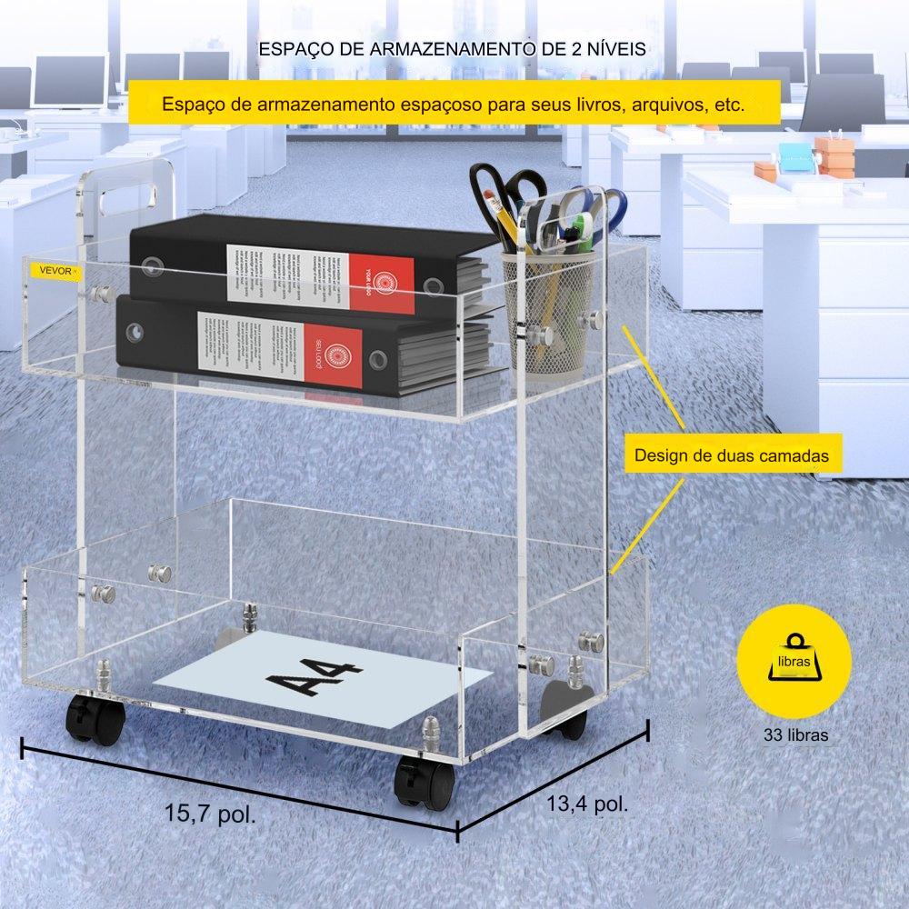 Carrinho de serviço  - 40x34x48cm 2 prateleiras acrílico